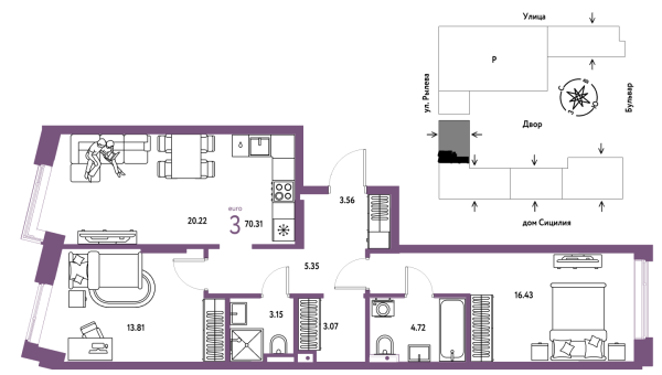 Новая 3-к квартира
 70.31 м² на 8/24 этаже в ЖК «Остров-сад» в городе Тюмень 