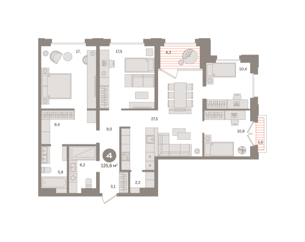 Новая 4-к квартира
 125.64 м² на 5/27 этаже в ЖК «Квартал «МОНС»» в городе Тюмень 
