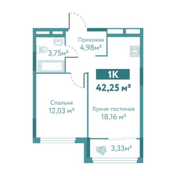 Новая 1-к квартира
 42.25 м² на 7/10 этаже в ЖК «Акватория» в городе Тюмень 