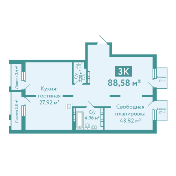Новая квартира-студия
 88.58 м² на 10/10 этаже в ЖК «Акватория» в городе Тюмень 