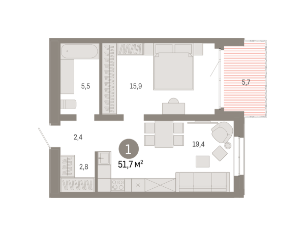Новая 1-к квартира
 51.7 м² на 15/17 этаже в ЖК «Южные кварталы» в городе Тюмень 