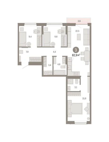Новая 3-к квартира
 82.86 м² на 5/7 этаже в ЖК «Октябрьский на Туре» в городе Тюмень 