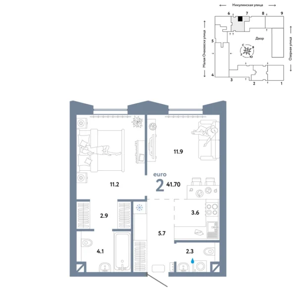 Новая 2-к квартира
 41.7 м² на 2/30 этаже в ЖК «Страна.Озёрная» в городе Тюмень 