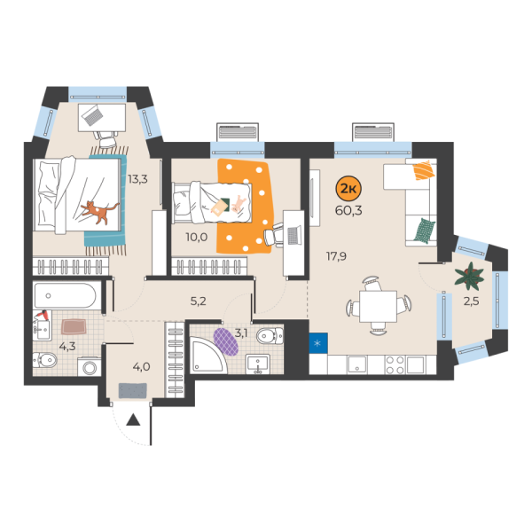 Новая 2-к квартира
 58.6 м² на 17/25 этаже в ЖК «Корней» в городе Тюмень 