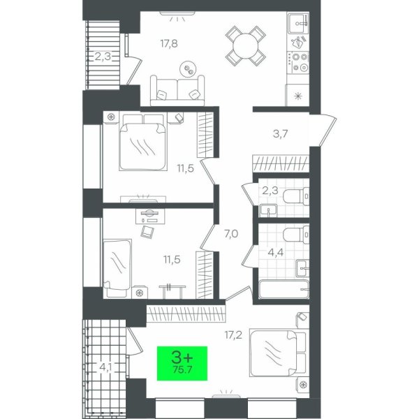 Новая 3-к квартира
 82.26 м² на 6/8 этаже в ЖК «Гранд Квартал» в городе Тюмень 