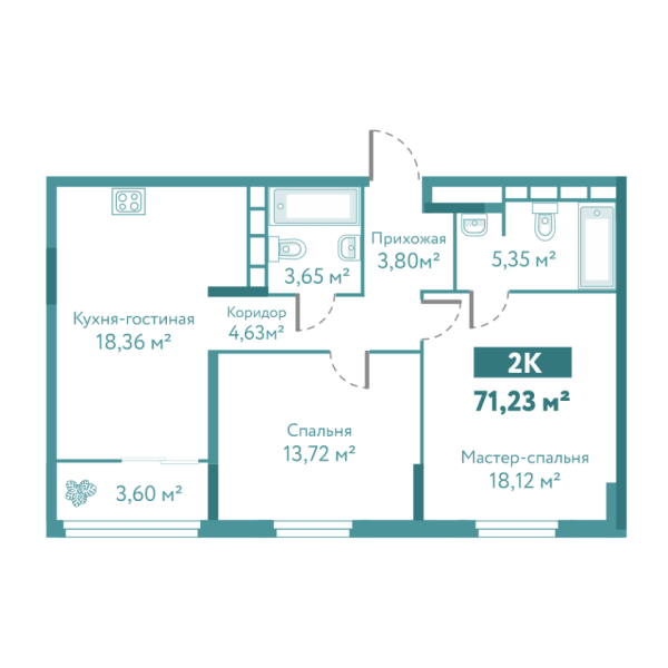Новая 2-к квартира
 71.23 м² на 6/10 этаже в ЖК «Акватория» в городе Тюмень 