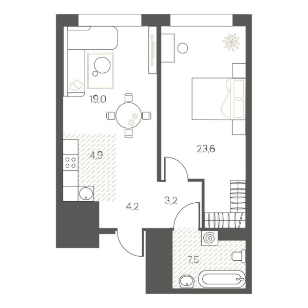 Новая 1-к квартира
 62.4 м² на 6/12 этаже в ЖК «White House» в городе Тюмень 