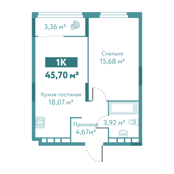 Новая 1-к квартира
 45.7 м² на 5/10 этаже в ЖК «Акватория» в городе Тюмень 