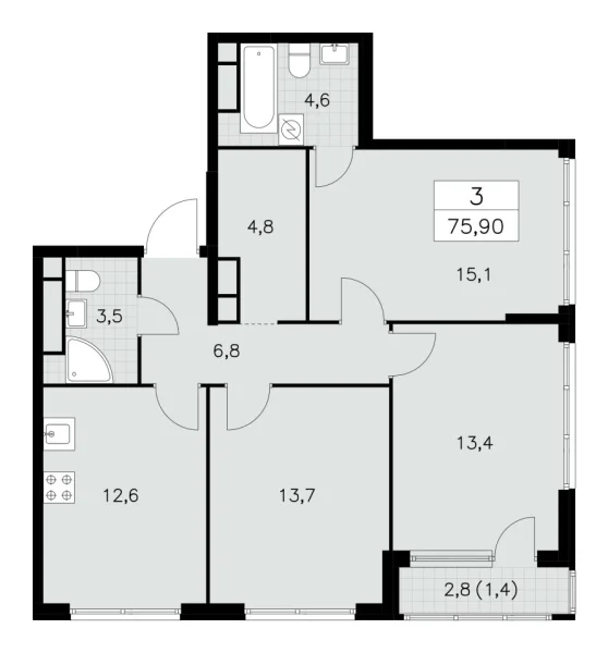 Новая 3-к квартира
 75.9 м² на 29/30 этаже в ЖК «Южные сады» в городе Тюмень 