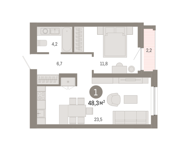 Новая 1-к квартира
 48.27 м² на 11/16 этаже в ЖК «Южные кварталы» в городе Тюмень 