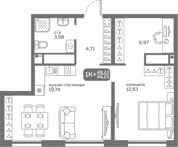 Новая 1-к квартира
 48.23 м² на 17/20 этаже в ЖК «Меридиан Слобода» в городе Тюмень 