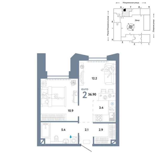 Новая 2-к квартира
 36.9 м² на 7/30 этаже в ЖК «Страна.Озёрная» в городе Тюмень 