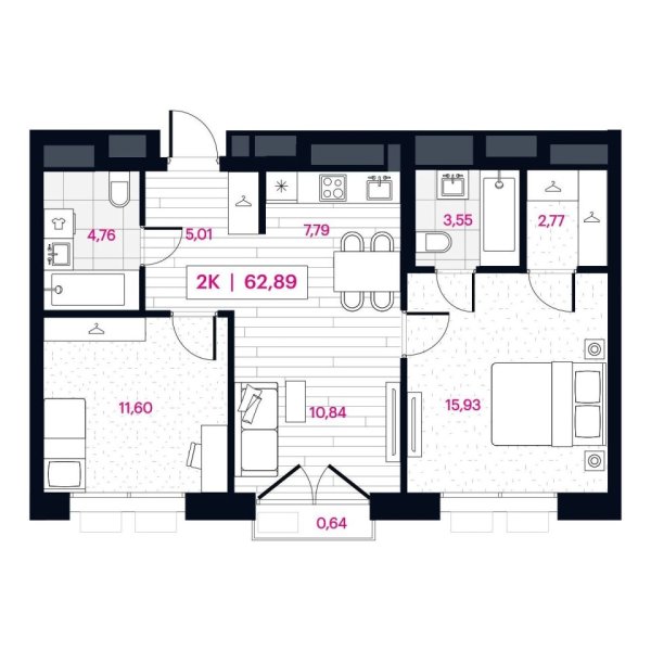 Новая 2-к квартира
 62.89 м² на 12/16 этаже в ЖК «Пушкина» в городе Тюмень 