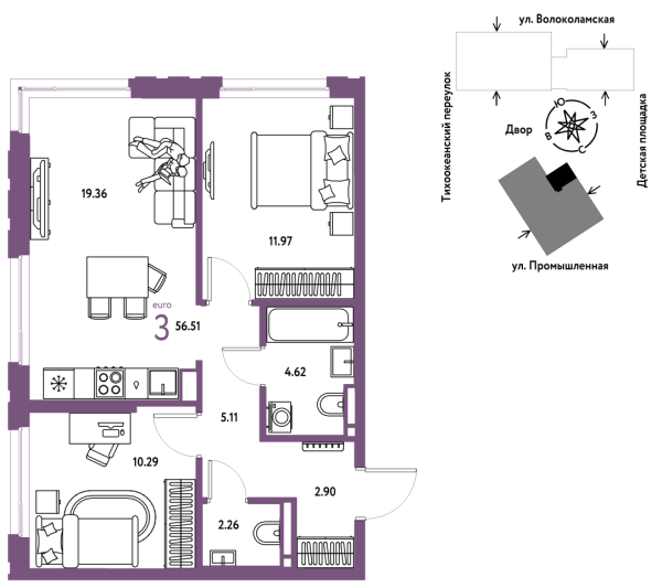 Новая 3-к квартира
 56.51 м² на 19/20 этаже в ЖК «Страна.Прибрежная» в городе Тюмень 