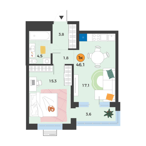 Новая 1-к квартира
 43.6 м² на 8/25 этаже в ЖК «Корней» в городе Тюмень 