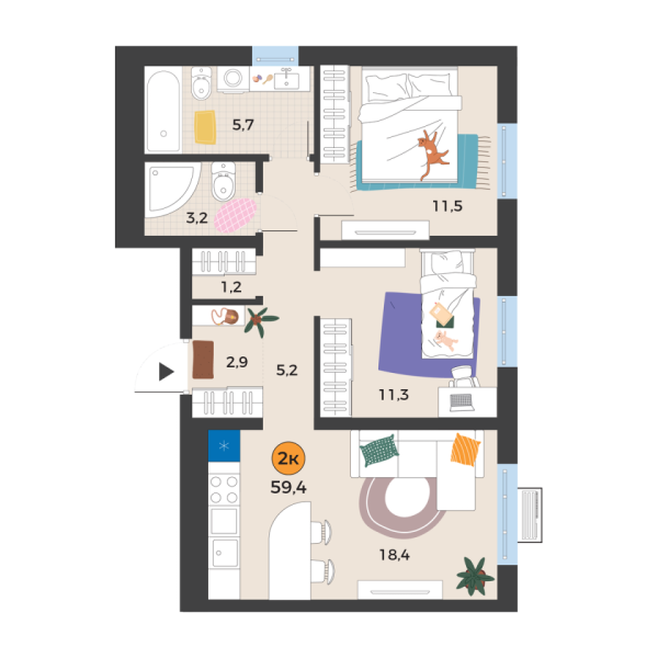 Новая 2-к квартира
 59.4 м² на 10/25 этаже в ЖК «Корней» в городе Тюмень 
