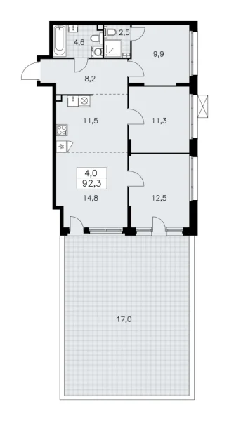 Новая 4-к квартира
 92.3 м² на 2/15 этаже в ЖК «Прокшино» в городе Тюмень 