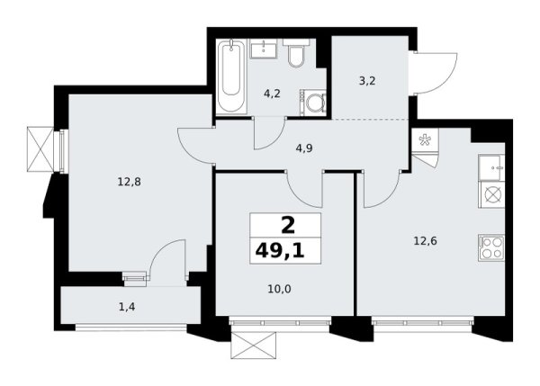 Новая 2-к квартира
 49.1 м² на 5/14 этаже в ЖК «Деснаречье» в городе Тюмень 