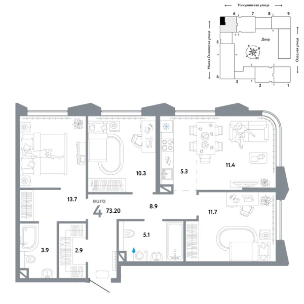 Новая 4-к квартира
 73.2 м² на 19/30 этаже в ЖК «Страна.Озёрная» в городе Тюмень 