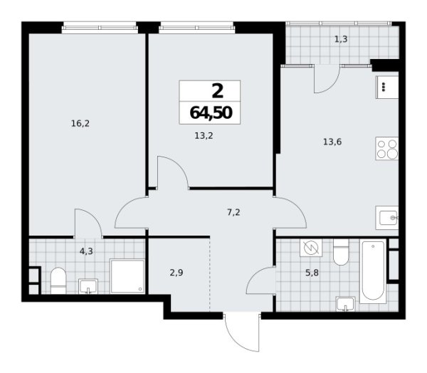 Новая 2-к квартира
 64.5 м² на 10/16 этаже в ЖК «Дом на Зорге» в городе Тюмень 
