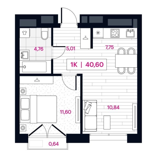 Новая 1-к квартира
 40.6 м² на 3/16 этаже в ЖК «Пушкина» в городе Тюмень 