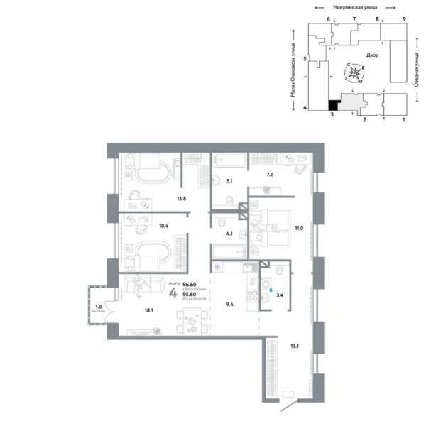 Новая 4-к квартира
 96.6 м² на 7/30 этаже в ЖК «Страна.Озёрная» в городе Тюмень 