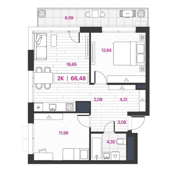 Новая 2-к квартира
 67.58 м² на 11/16 этаже в ЖК «Пушкина» в городе Тюмень 