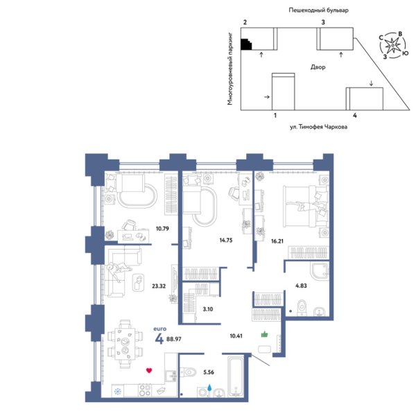 Новая 4-к квартира
 88.97 м² на 21/31 этаже в ЖК «Звёздный» в городе Тюмень 