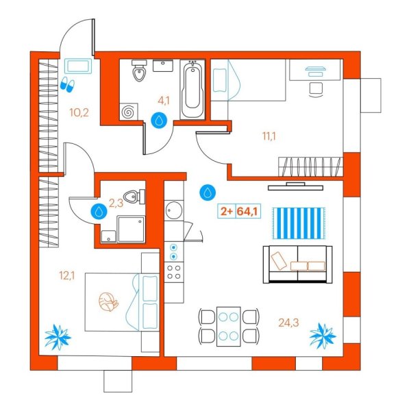 Новая 2-к квартира
 63.9 м² на 17/22 этаже в ЖК «SuperSky» в городе Тюмень 