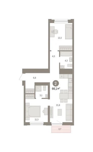 Новая 2-к квартира
 66.1 м² на 6/9 этаже в ЖК «Речной порт» в городе Тюмень 