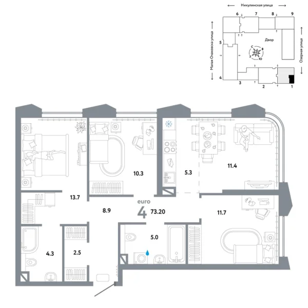Новая 4-к квартира
 73.2 м² на 17/30 этаже в ЖК «Страна.Озёрная» в городе Тюмень 