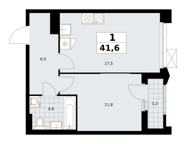 Новая 1-к квартира
 41.6 м² на 12/16 этаже в ЖК «Деснаречье» в городе Тюмень 
