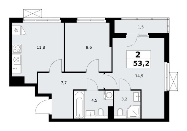Новая 2-к квартира
 53.2 м² на 15/19 этаже в ЖК «Бунинские кварталы» в городе Тюмень 