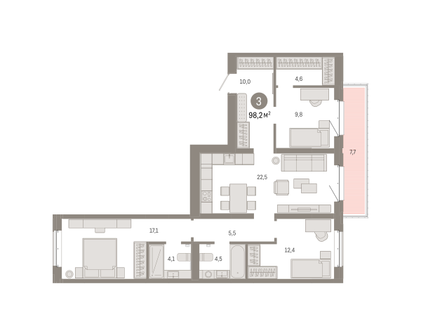 Новая 3-к квартира
 98.17 м² на 5/7 этаже в ЖК «Кварталы «На Минской»» в городе Тюмень 