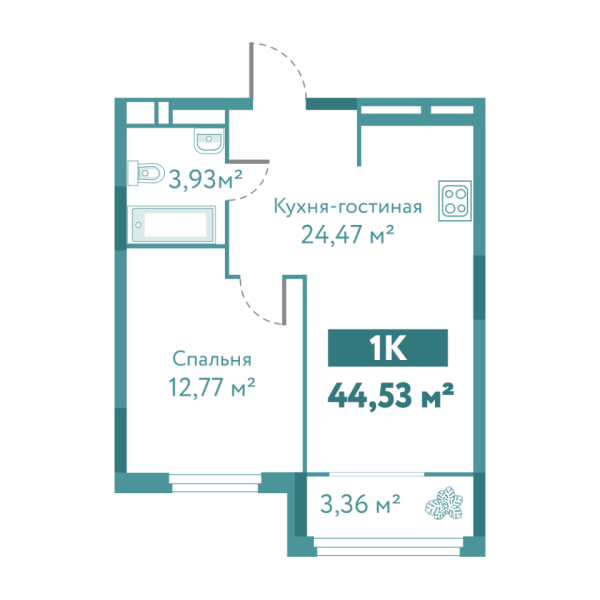 Новая 1-к квартира
 44.53 м² на 6/10 этаже в ЖК «Акватория» в городе Тюмень 