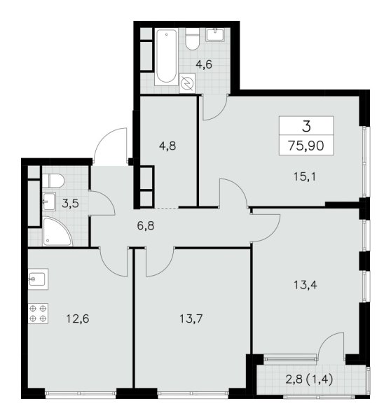 Новая 3-к квартира
 75.9 м² на 26/30 этаже в ЖК «Южные сады» в городе Тюмень 