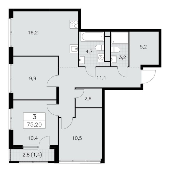 Новая 3-к квартира
 75.2 м² на 28/30 этаже в ЖК «Южные сады» в городе Тюмень 