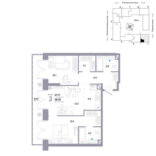 Новая 3-к квартира
 67.17 м² на 8/30 этаже в ЖК «Страна.Озёрная» в городе Тюмень 