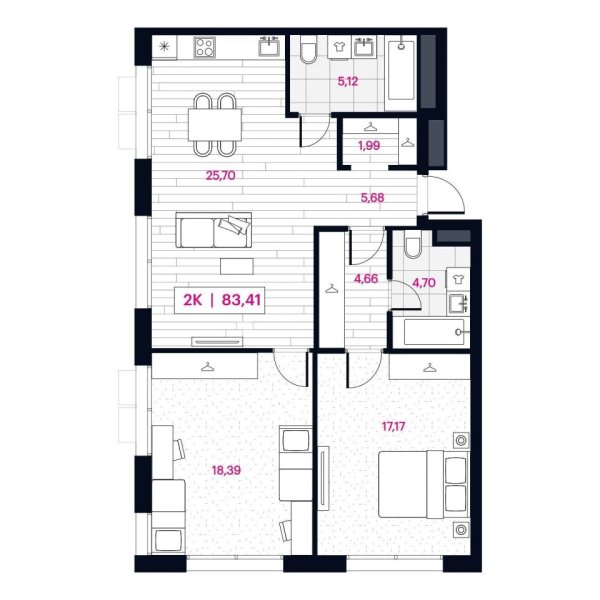Новая 2-к квартира
 83.41 м² на 3/16 этаже в ЖК «Пушкина» в городе Тюмень 