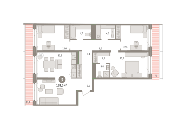 Новая 3-к квартира
 128.45 м² на 9/9 этаже в ЖК «Новин» в городе Тюмень 