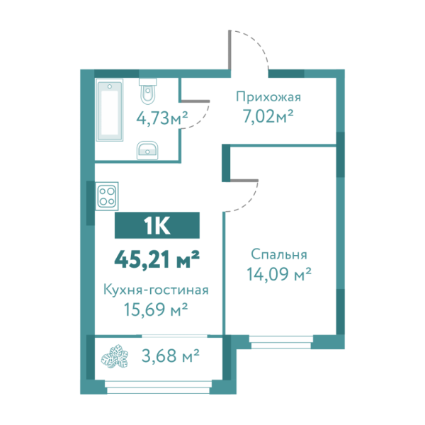 Новая 1-к квартира
 45.21 м² на 1/10 этаже в ЖК «Акватория» в городе Тюмень 