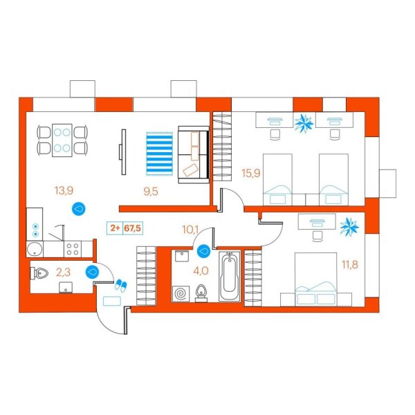 Новая 2-к квартира
 67.9 м² на 5/22 этаже в ЖК «SuperSky» в городе Тюмень 