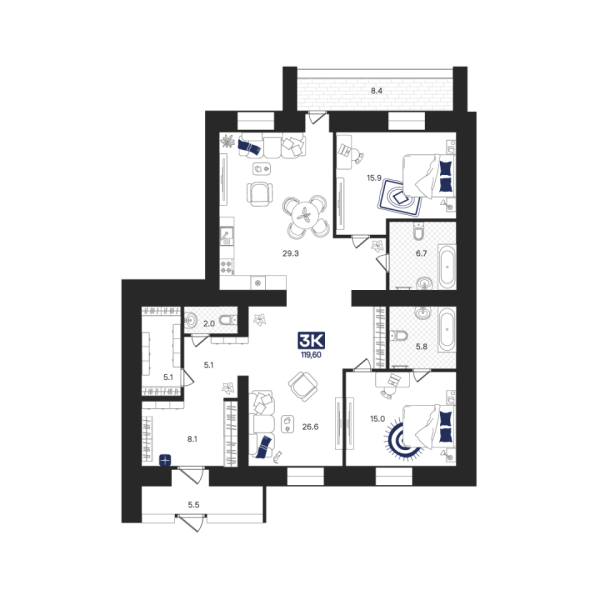 Новая 3-к квартира
 119.6 м² на 1/9 этаже в ЖК «Ария» в городе Тюмень 