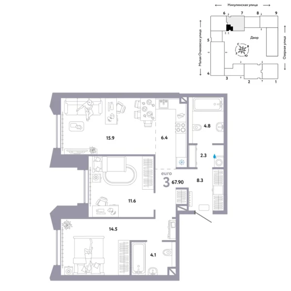 Новая 3-к квартира
 67.9 м² на 16/30 этаже в ЖК «Страна.Озёрная» в городе Тюмень 