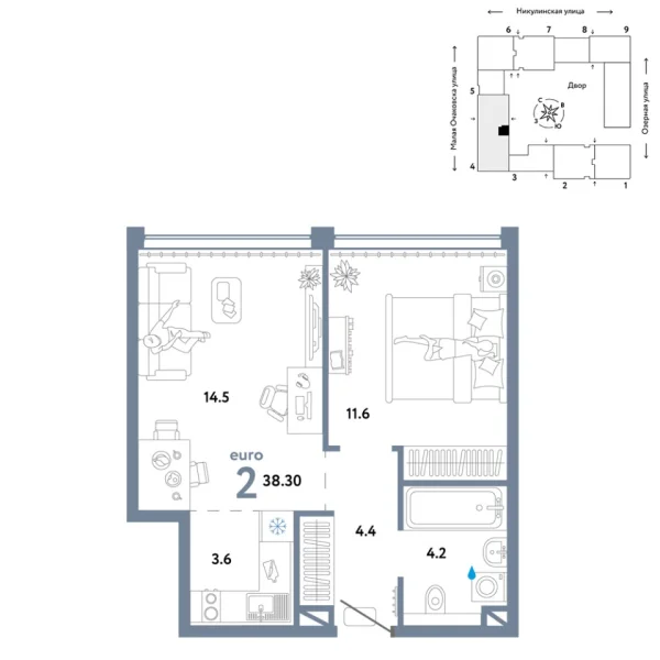 Новая 2-к квартира
 38.3 м² на 12/30 этаже в ЖК «Страна.Озёрная» в городе Тюмень 