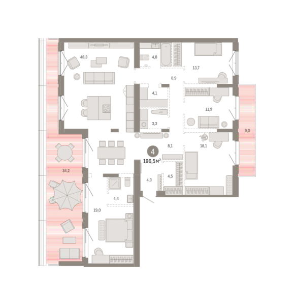 Новая 4-к квартира
 196.54 м² на 7/7 этаже в ЖК «Кварталы «На Минской»» в городе Тюмень 