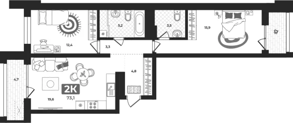 Новая 2-к квартира
 73.3 м² на 10/23 этаже в ЖК «Маэстро» в городе Тюмень 
