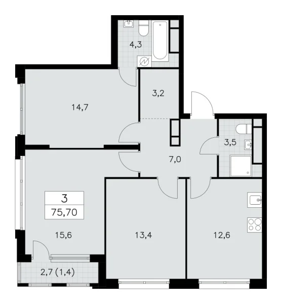 Новая 3-к квартира
 75.7 м² на 29/30 этаже в ЖК «Южные сады» в городе Тюмень 