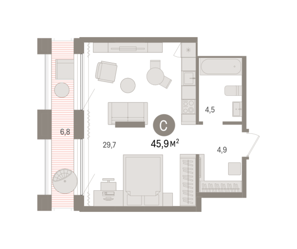 Новая квартира-студия
 45.91 м² на 17/17 этаже в ЖК «Октябрьский на Туре» в городе Тюмень 