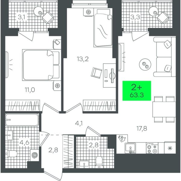 Новая 2-к квартира
 63.31 м² на 9/22 этаже в ЖК «Гранд Квартал» в городе Тюмень 